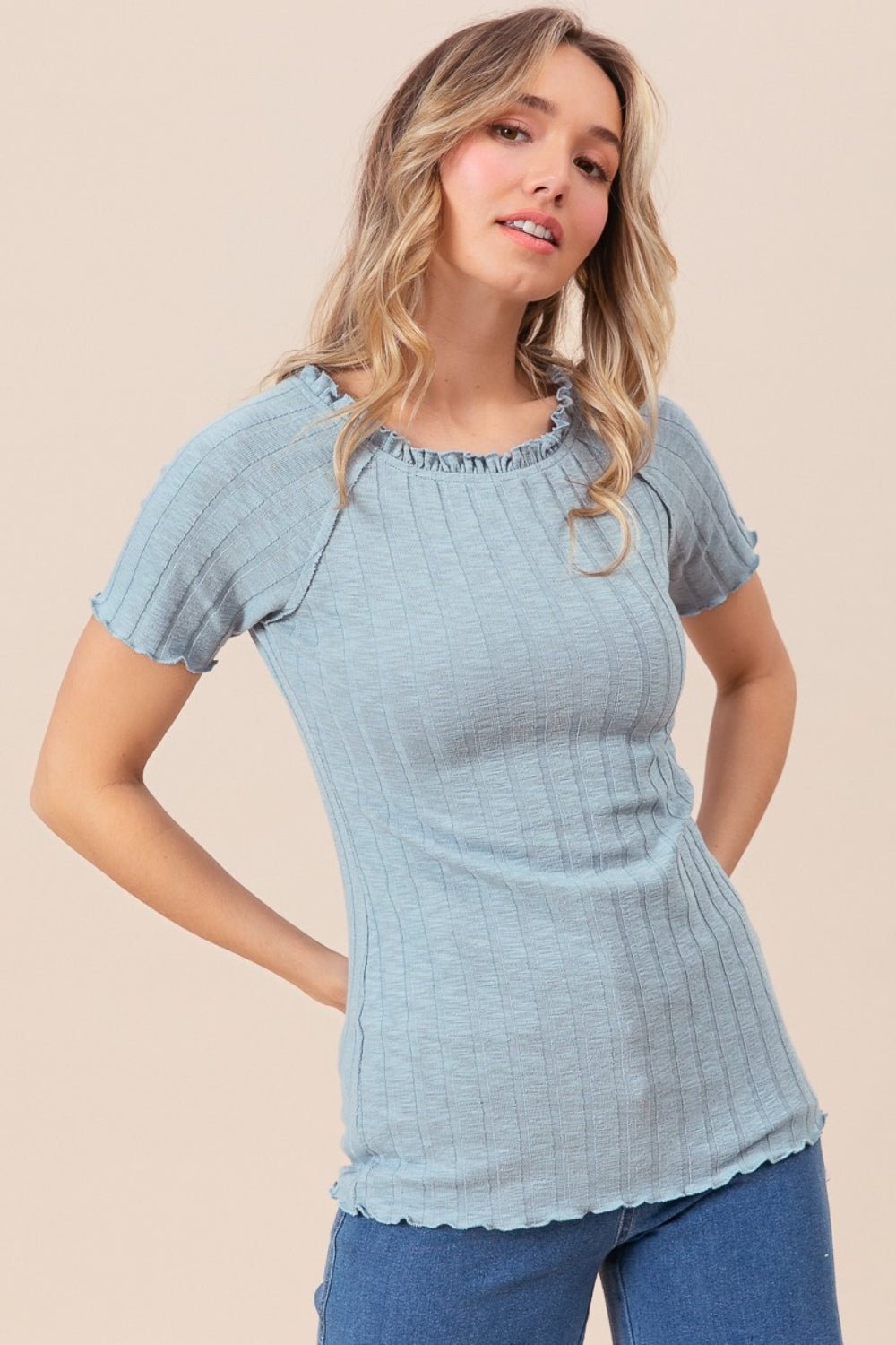 BiBi Ruffle Round Neck Merrow Edge Rib Top - Admiresty