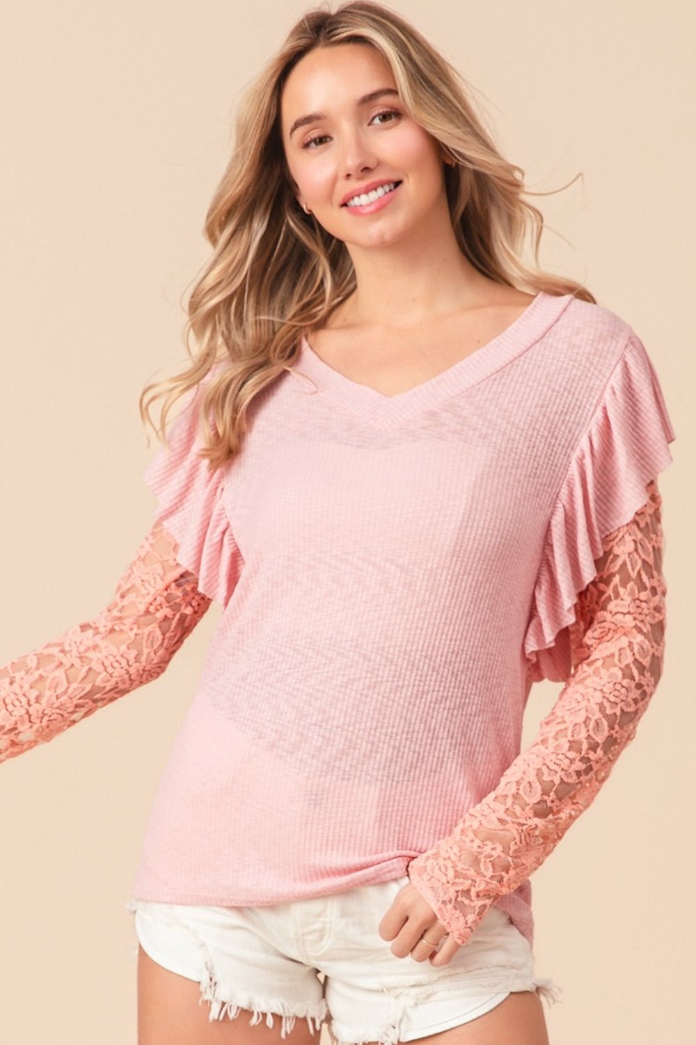 BiBi Ruffled Lace Sleeve Rib Knit Top - Admiresty