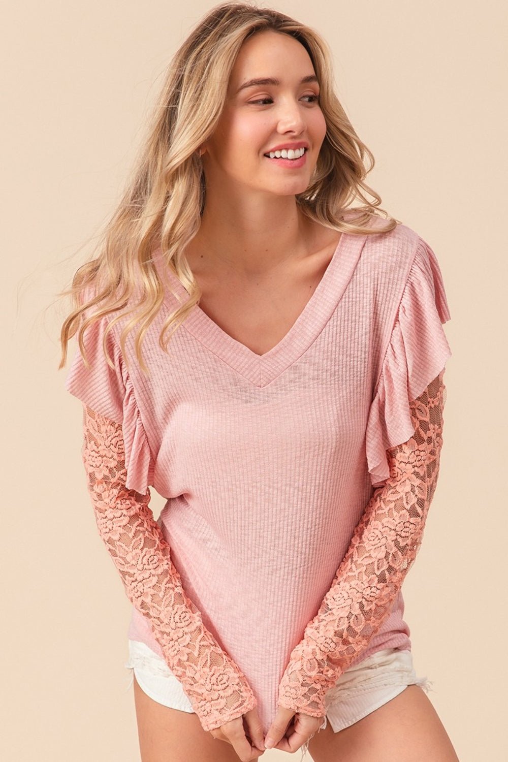 BiBi Ruffled Lace Sleeve Rib Knit Top - Admiresty