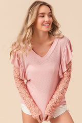 BiBi Ruffled Lace Sleeve Rib Knit Top - Admiresty