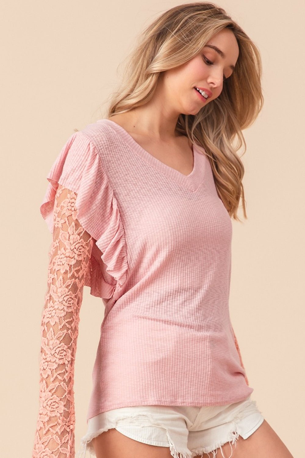 BiBi Ruffled Lace Sleeve Rib Knit Top - Admiresty