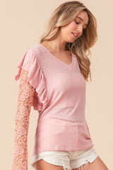 BiBi Ruffled Lace Sleeve Rib Knit Top - Admiresty