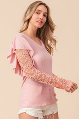 BiBi Ruffled Lace Sleeve Rib Knit Top - Admiresty