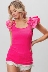 BiBi Ruffled Shoulder Strap Rib Texture Top - Admiresty