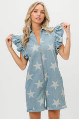 BiBi Ruffled Star Half Zip Denim Romper - Admiresty