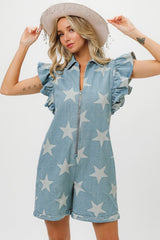 BiBi Ruffled Star Half Zip Denim Romper - Admiresty