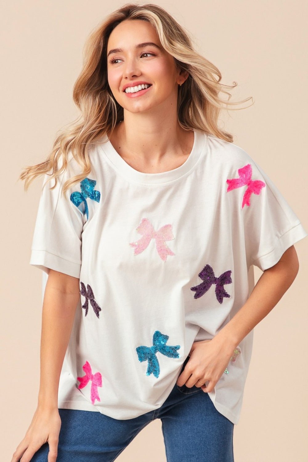 BiBi Sequin Bow Patch Short Sleeve T - Shirt - Admiresty