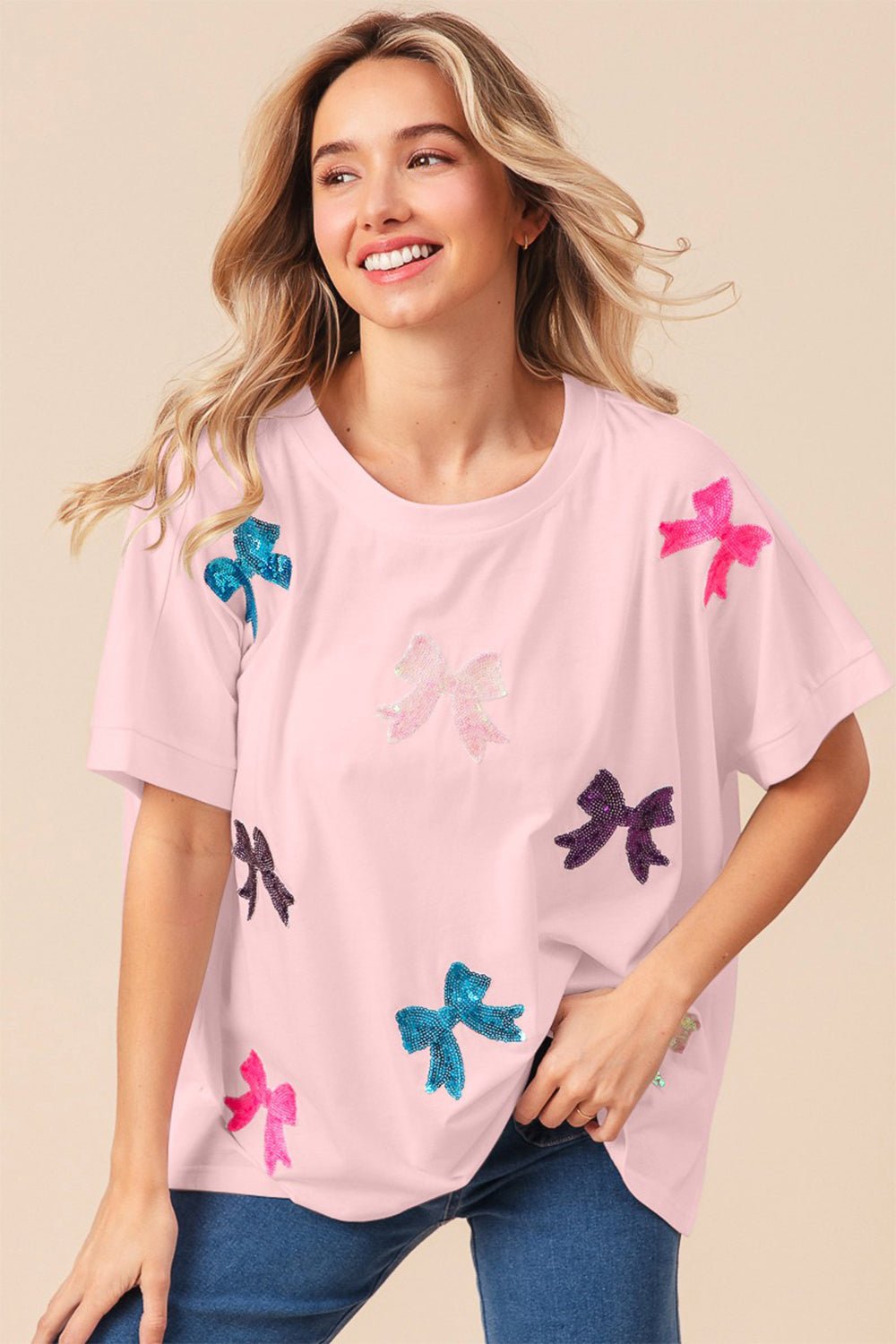 BiBi Sequin Bow Patch Short Sleeve T - Shirt - Admiresty