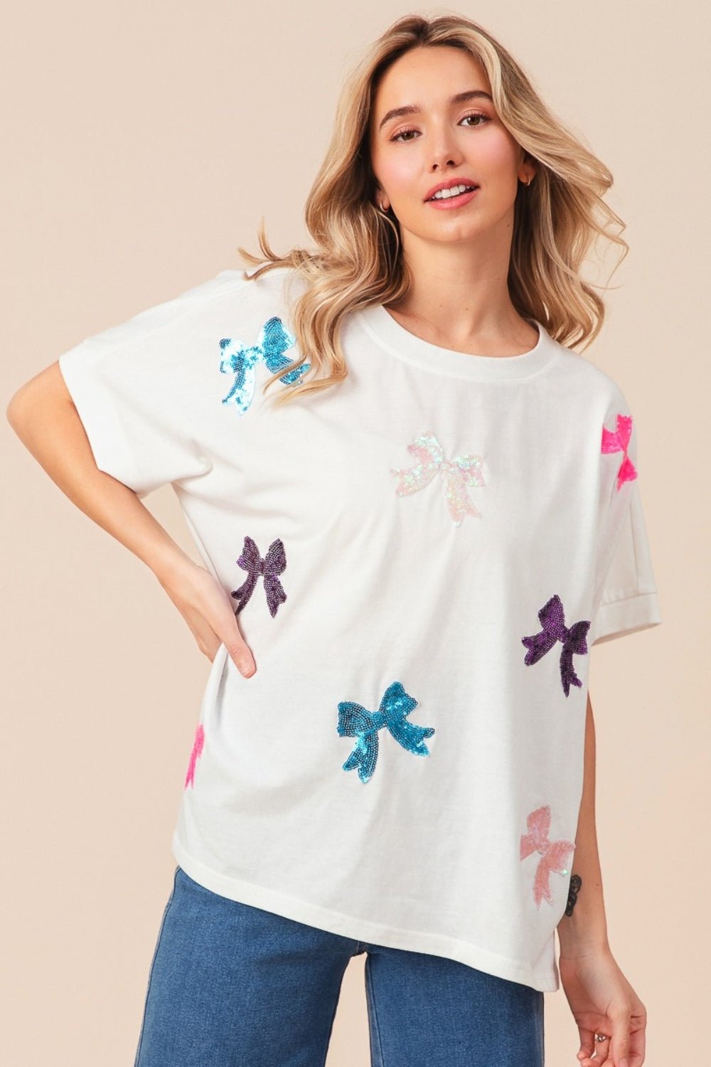 BiBi Sequin Bow Patch Short Sleeve T - Shirt - Admiresty