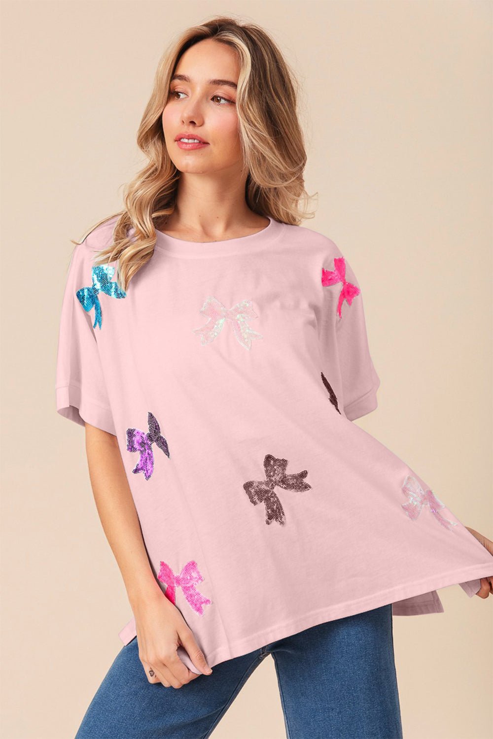 BiBi Sequin Bow Patch Short Sleeve T - Shirt - Admiresty