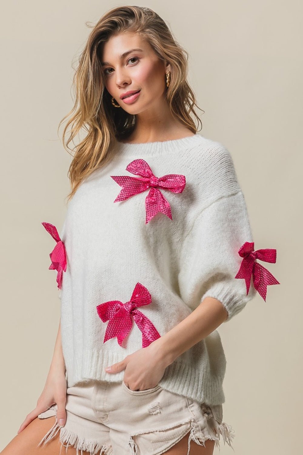 BiBi Sequin Bow Puff Sleeve Sweater - Admiresty