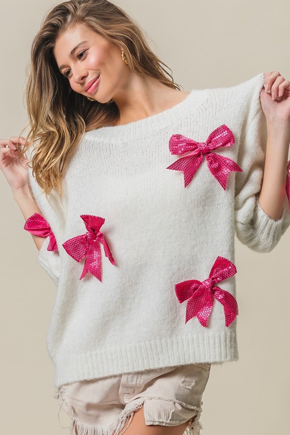 BiBi Sequin Bow Puff Sleeve Sweater - Admiresty