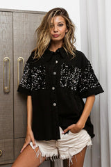 BiBi Sequin Detail Raw Hem Short Sleeve Shirt - Admiresty