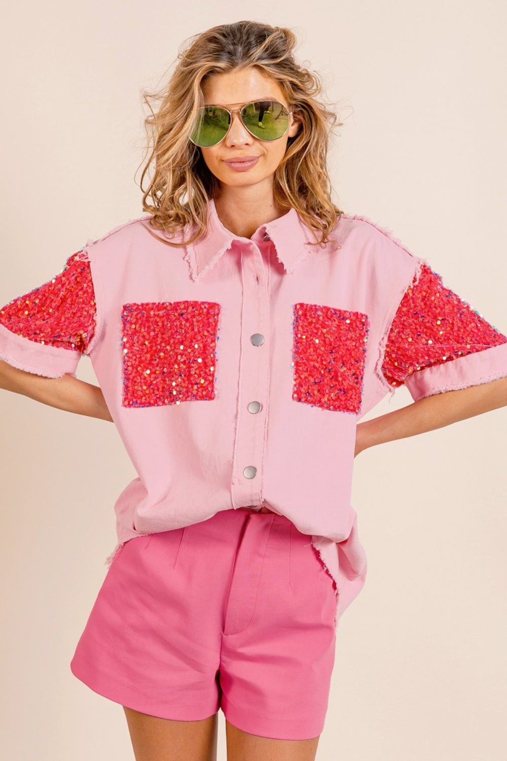 BiBi Sequin Detail Raw Hem Short Sleeve Shirt - Admiresty