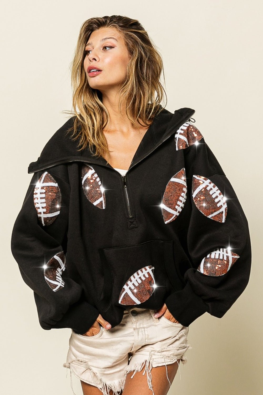 BiBi Sequin Football Half Zip Hoodie - Admiresty