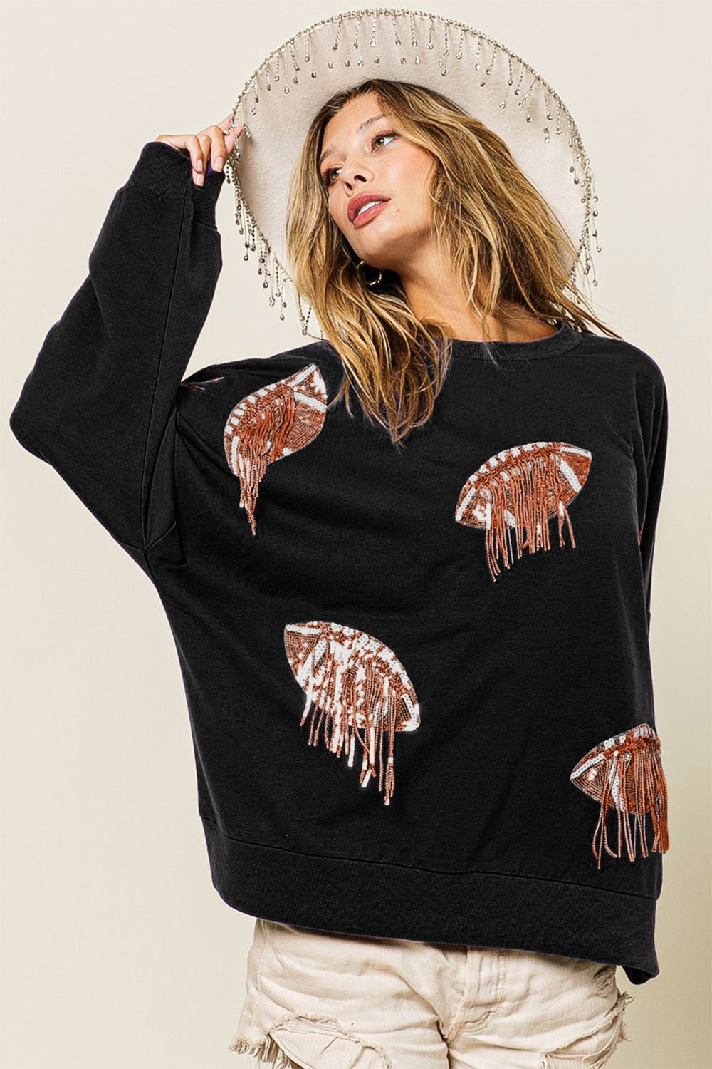 BiBi Sequin Fringe Football Patch Round Neck Sweatshirt - Admiresty