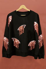 BiBi Sequin Fringe Football Patch Round Neck Sweatshirt - Admiresty