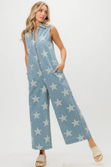 BiBi Star Print Half Zip Sleeveless Denim Jumpsuit - Admiresty