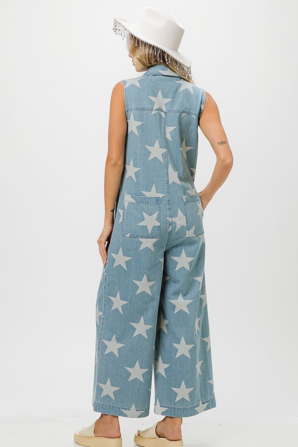 BiBi Star Print Half Zip Sleeveless Denim Jumpsuit - Admiresty