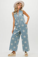 BiBi Star Print Half Zip Sleeveless Denim Jumpsuit - Admiresty