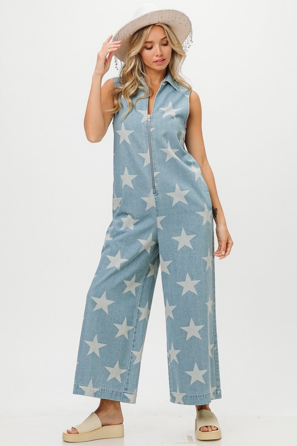 BiBi Star Print Half Zip Sleeveless Denim Jumpsuit - Admiresty