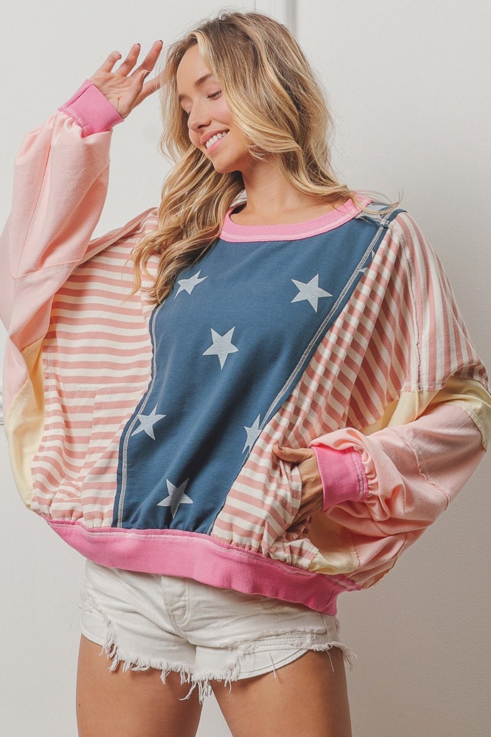 BiBi Stars and Stripes Round Neck Long Sleeve Top - Admiresty