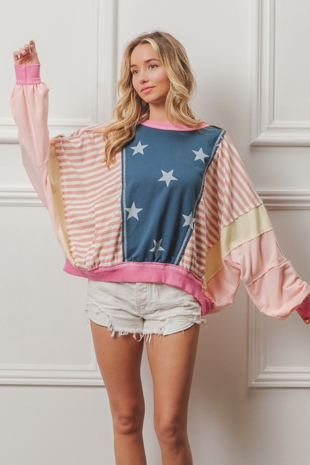 BiBi Stars and Stripes Round Neck Long Sleeve Top - Admiresty