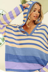 BiBi Striped Color Block Hooded Knit Top - Admiresty