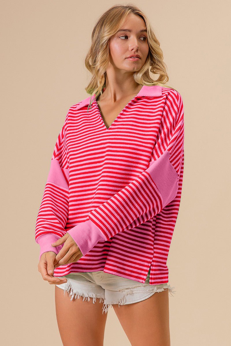 BiBi Striped Contrast Long Sleeve Knit Top - Admiresty