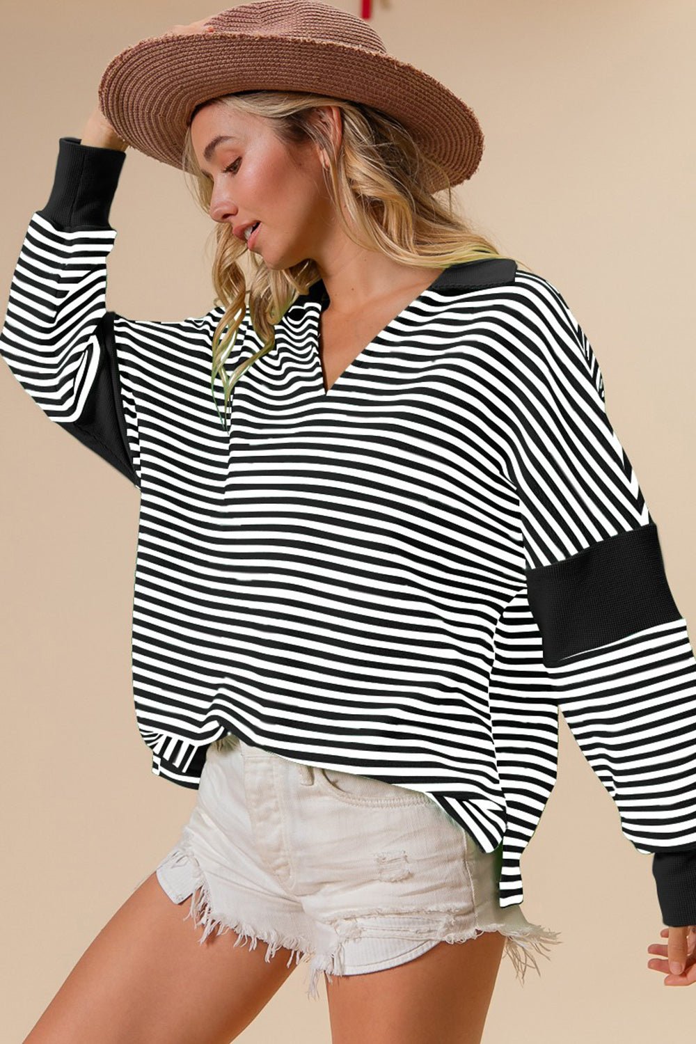 BiBi Striped Contrast Long Sleeve Knit Top - Admiresty