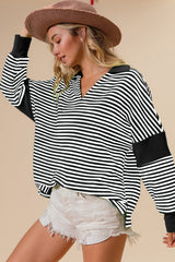 BiBi Striped Contrast Long Sleeve Knit Top - Admiresty