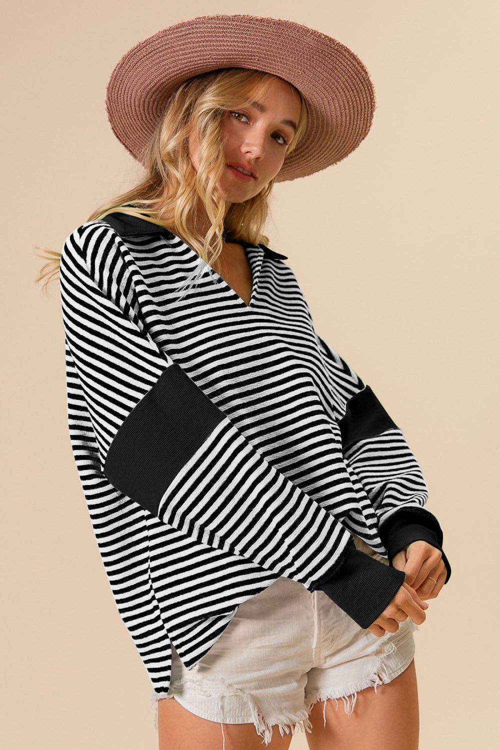 BiBi Striped Contrast Long Sleeve Knit Top - Admiresty