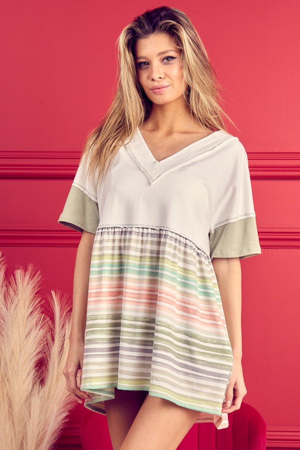 BiBi Striped Exposed Seam V - Neck Short Sleeve Blouse - Admiresty