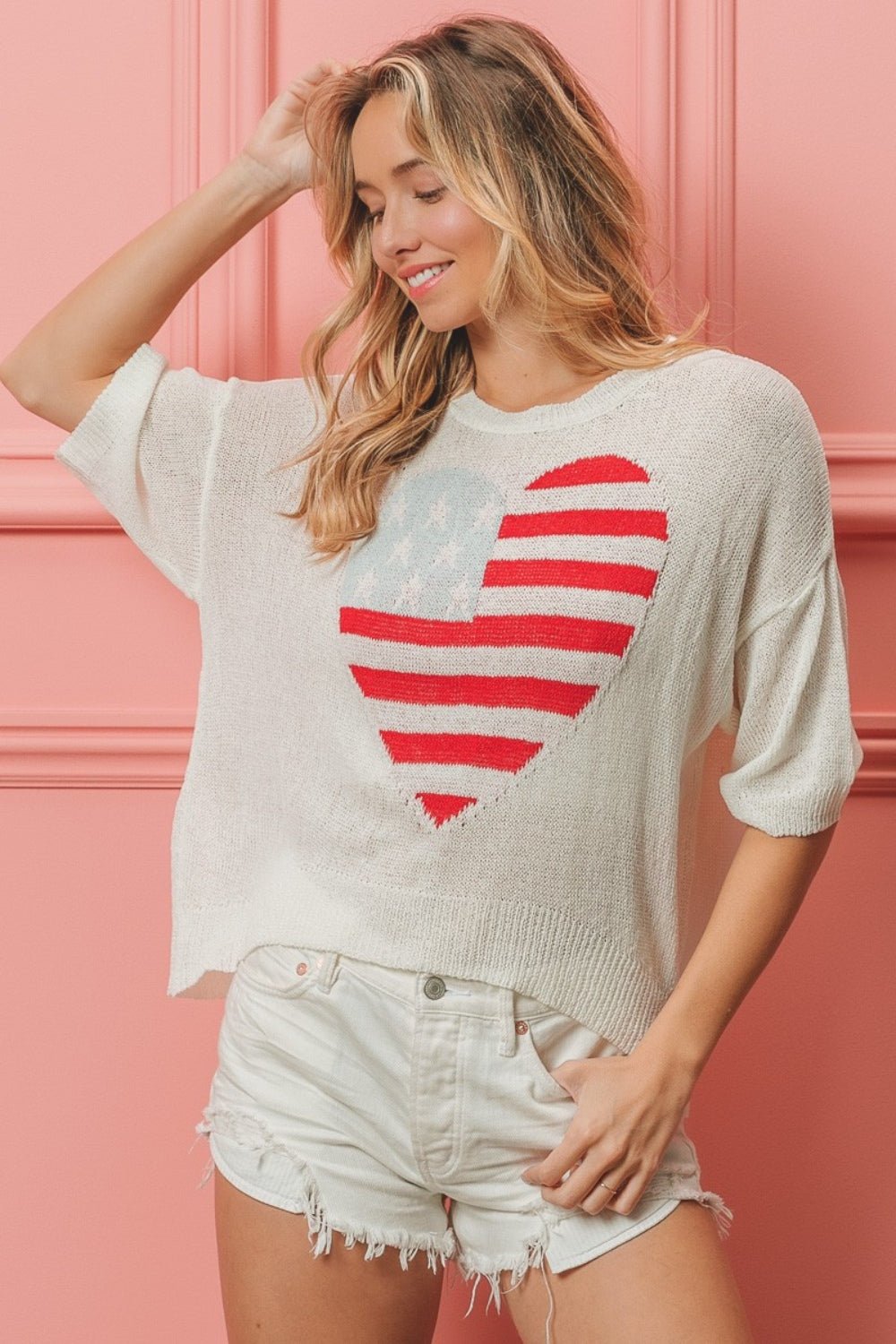 BiBi Striped Heart Contrast Knit Top - Admiresty