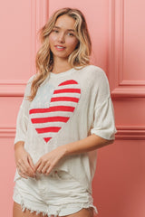 BiBi Striped Heart Contrast Knit Top - Admiresty