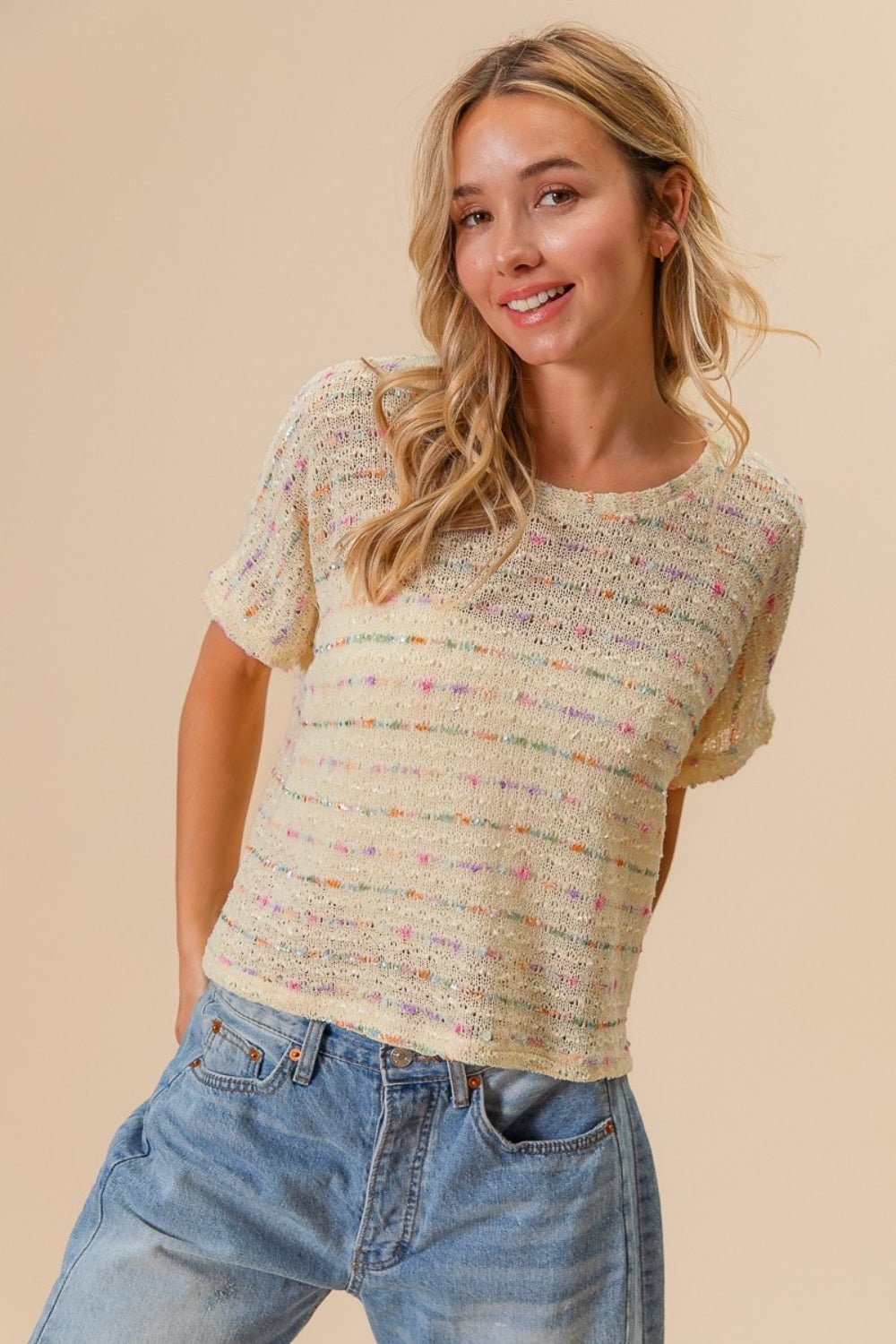 BiBi Striped Popcorn Knit Top - Admiresty