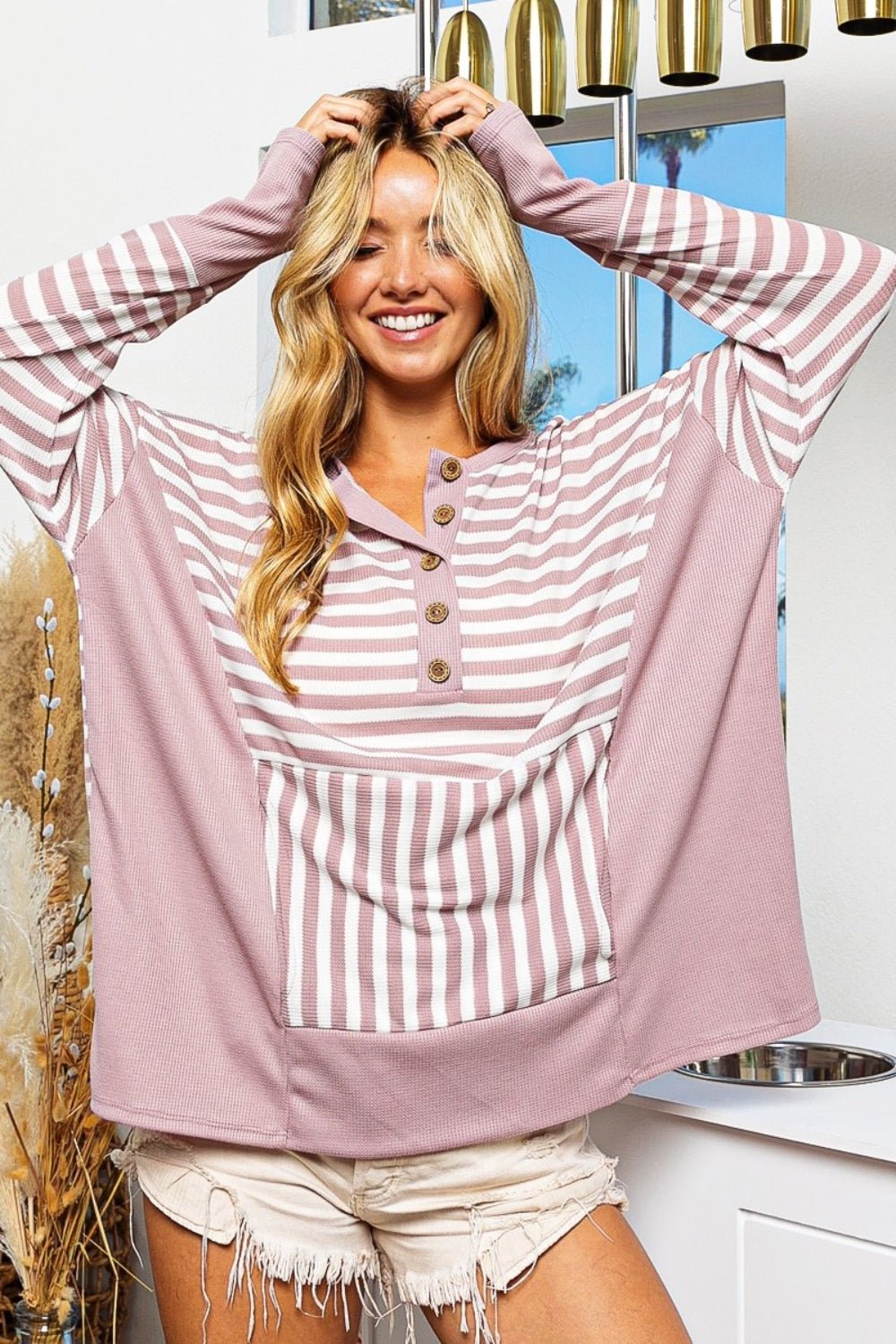 BiBi Striped Thumbhole Long Sleeve Top - Admiresty