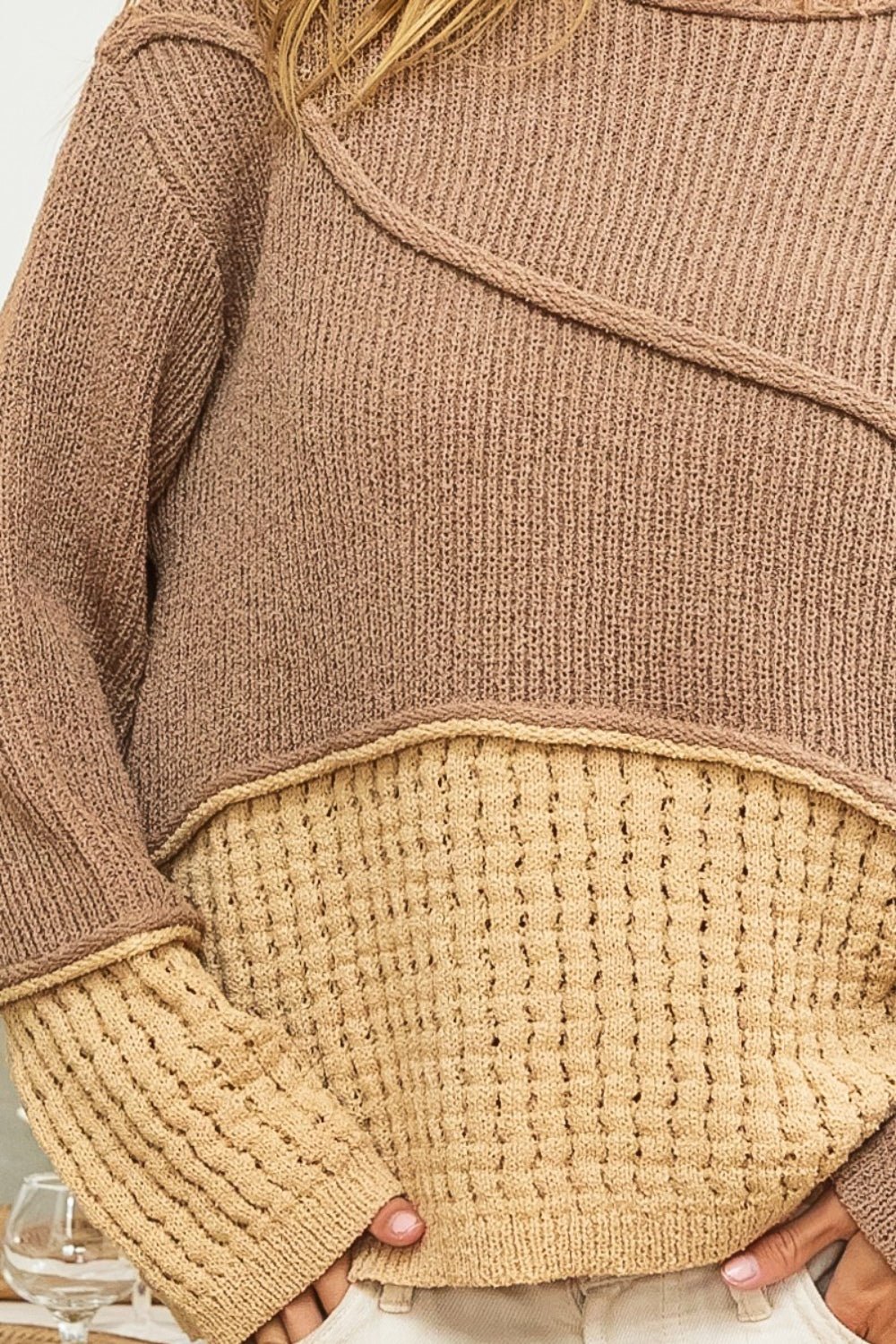 BiBi Texture Detail Contrast Drop Shoulder Sweater - Admiresty