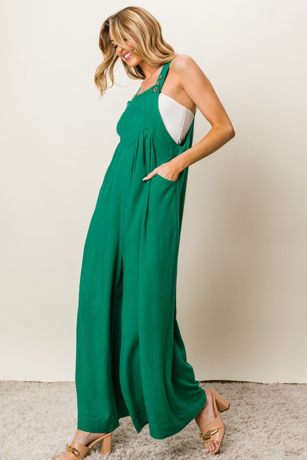 BiBi Texture Sleeveless Wide Leg Jumpsuit - Admiresty