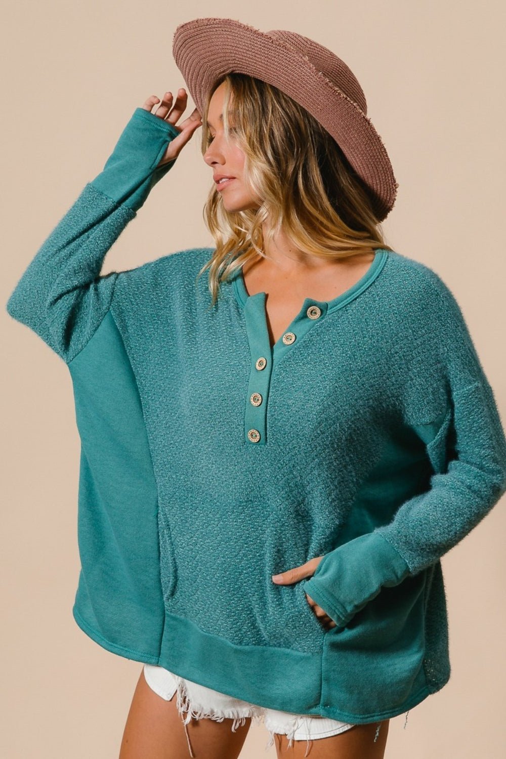 BiBi Thumb Opening Long Sleeve Top with Kangaroo Pocket - Admiresty