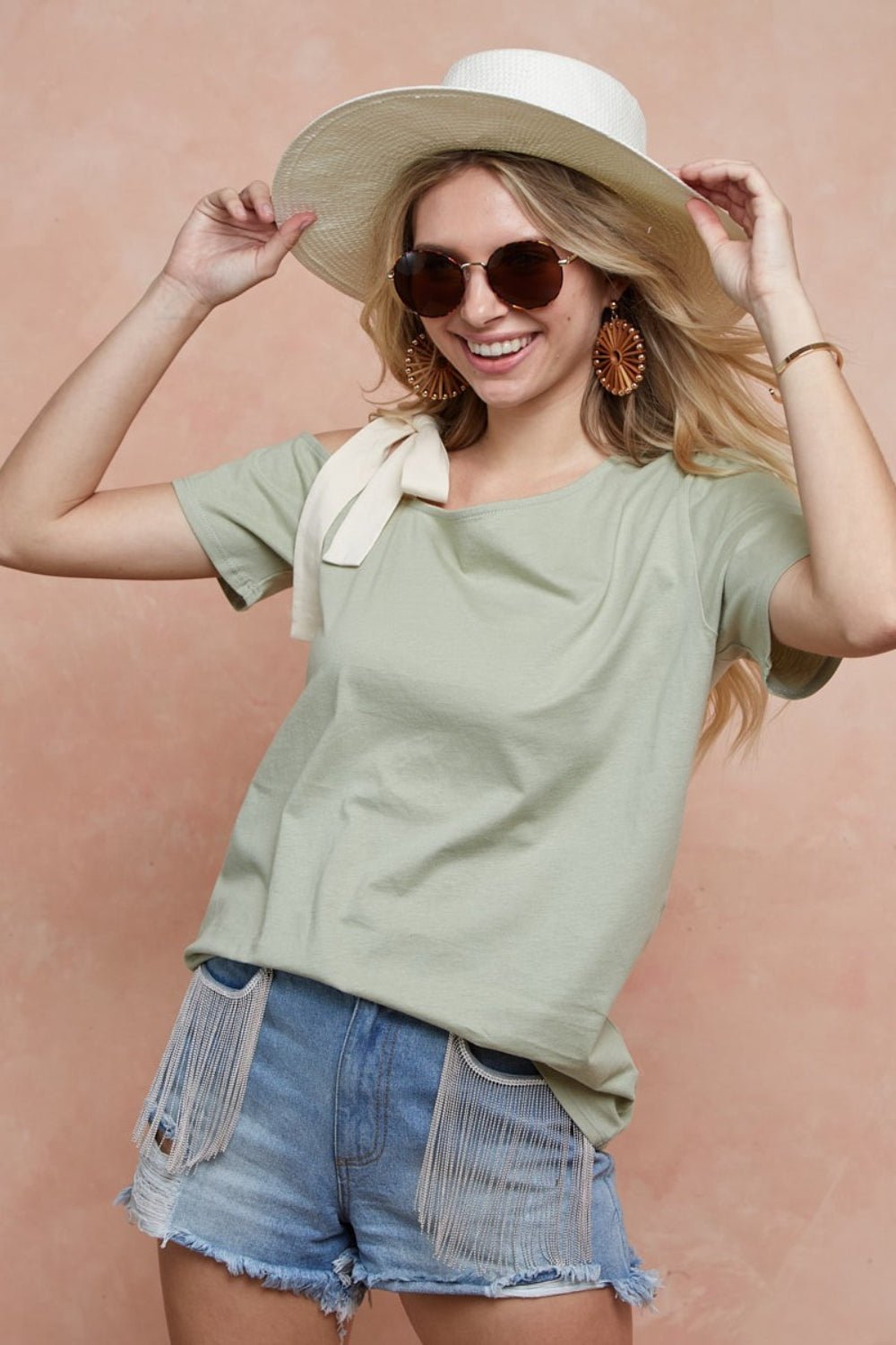 BiBi Tied Ribbon One Shoulder Short Sleeve T-Shirt - Admiresty