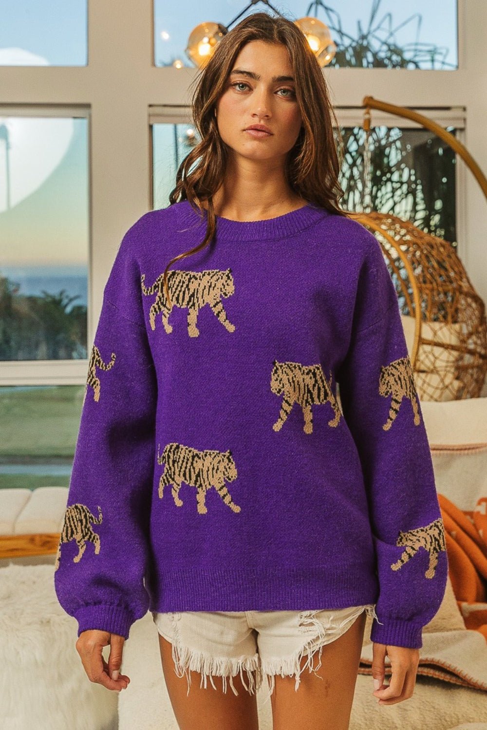 BiBi Tiger Pattern Long Sleeve Sweater - Admiresty