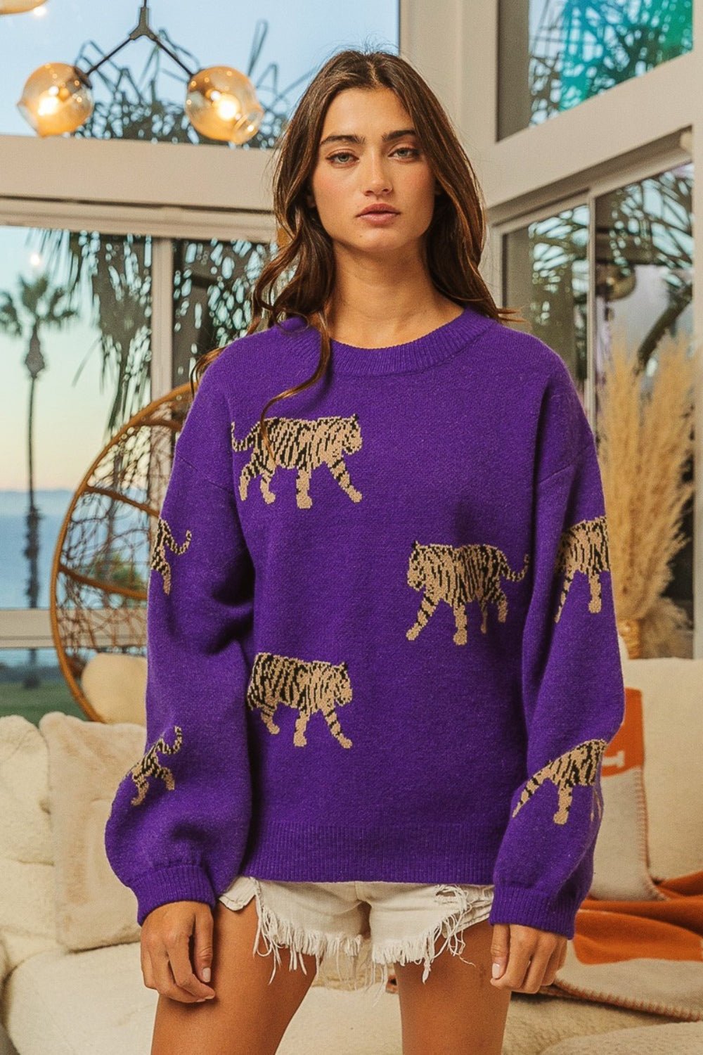 BiBi Tiger Pattern Long Sleeve Sweater - Admiresty