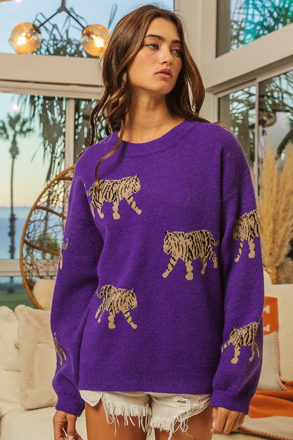 BiBi Tiger Pattern Long Sleeve Sweater - Admiresty