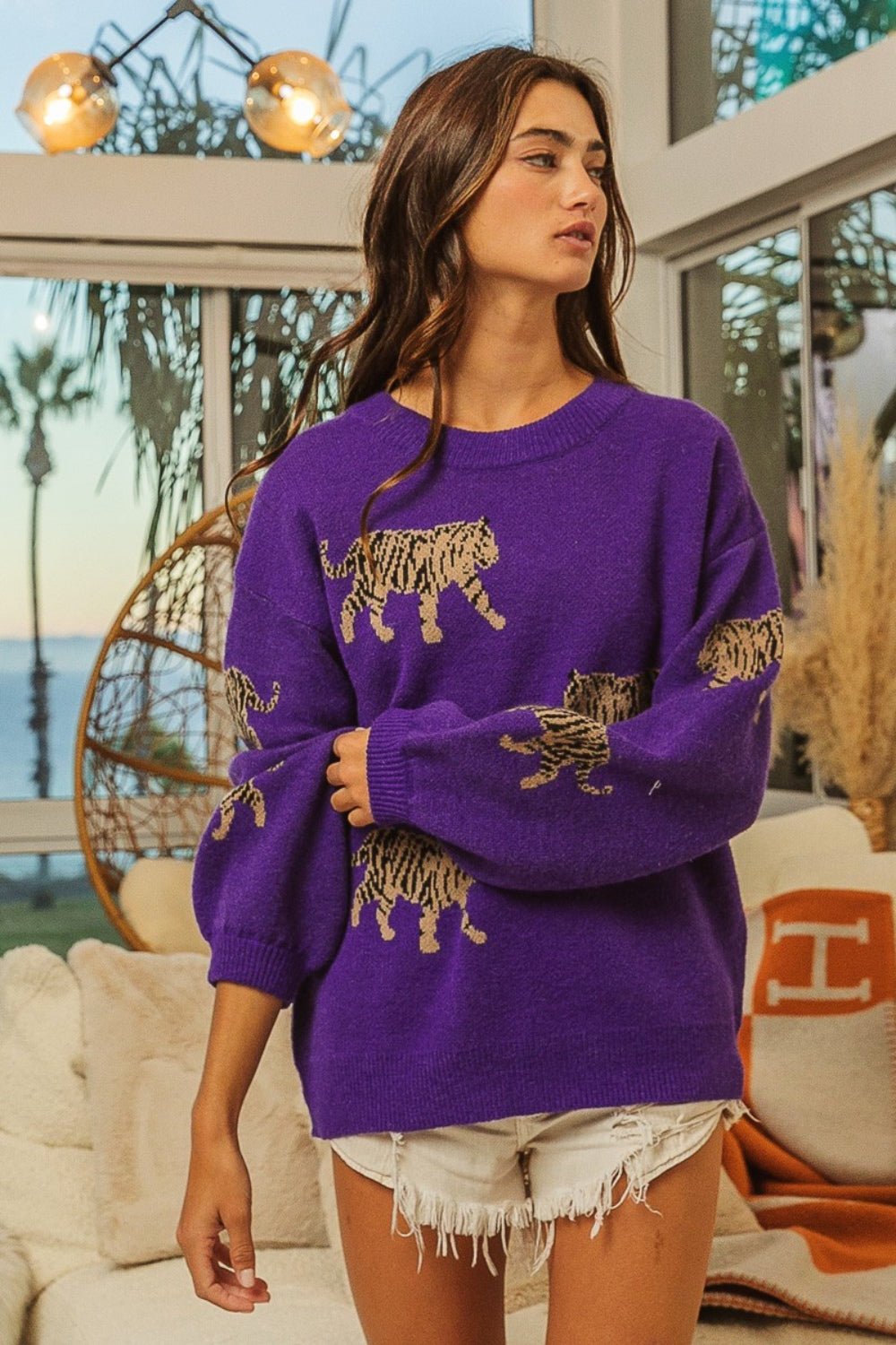 BiBi Tiger Pattern Long Sleeve Sweater - Admiresty