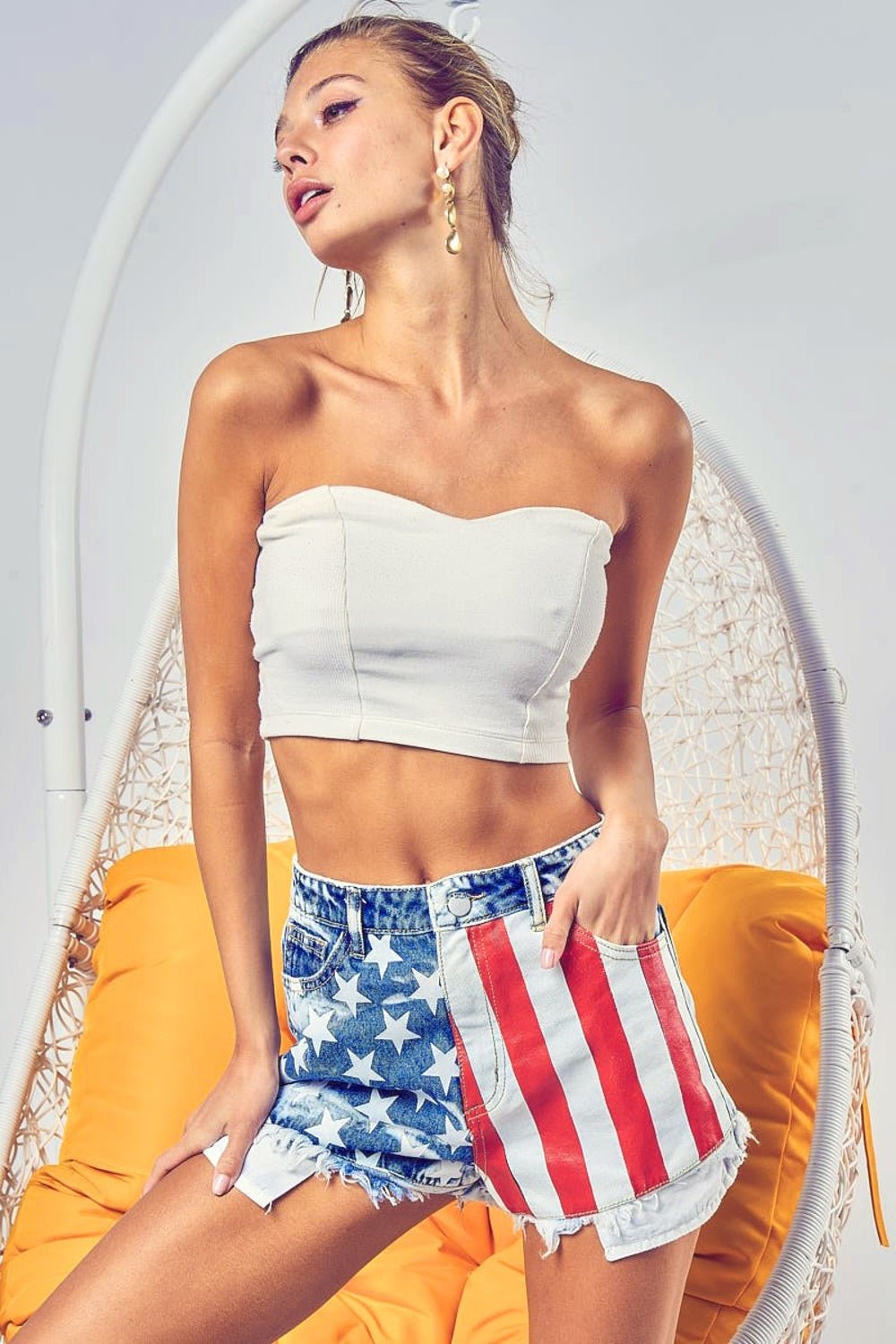 BiBi US Flag Theme Bleached Denim Shorts - Admiresty