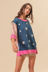 BiBi US Flag Theme Color Block Star Patch T - Shirt - Admiresty