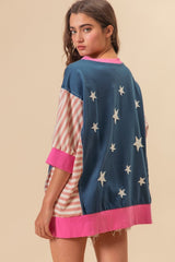 BiBi US Flag Theme Color Block Star Patch T - Shirt - Admiresty