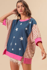 BiBi US Flag Theme Color Block Star Patch T - Shirt - Admiresty