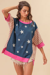 BiBi US Flag Theme Color Block Star Patch T - Shirt - Admiresty